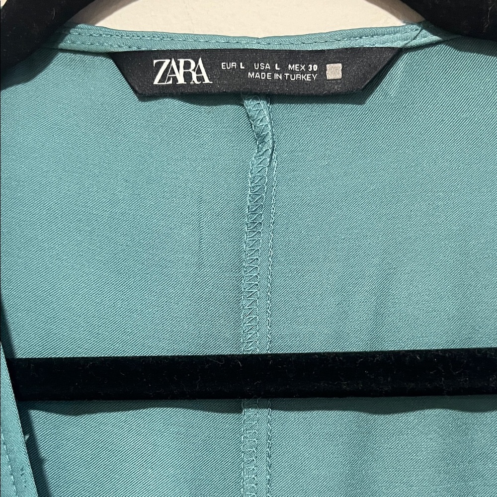 Zara Teal Satin Wrap Dress with Front Tie - Picture 2 of 7